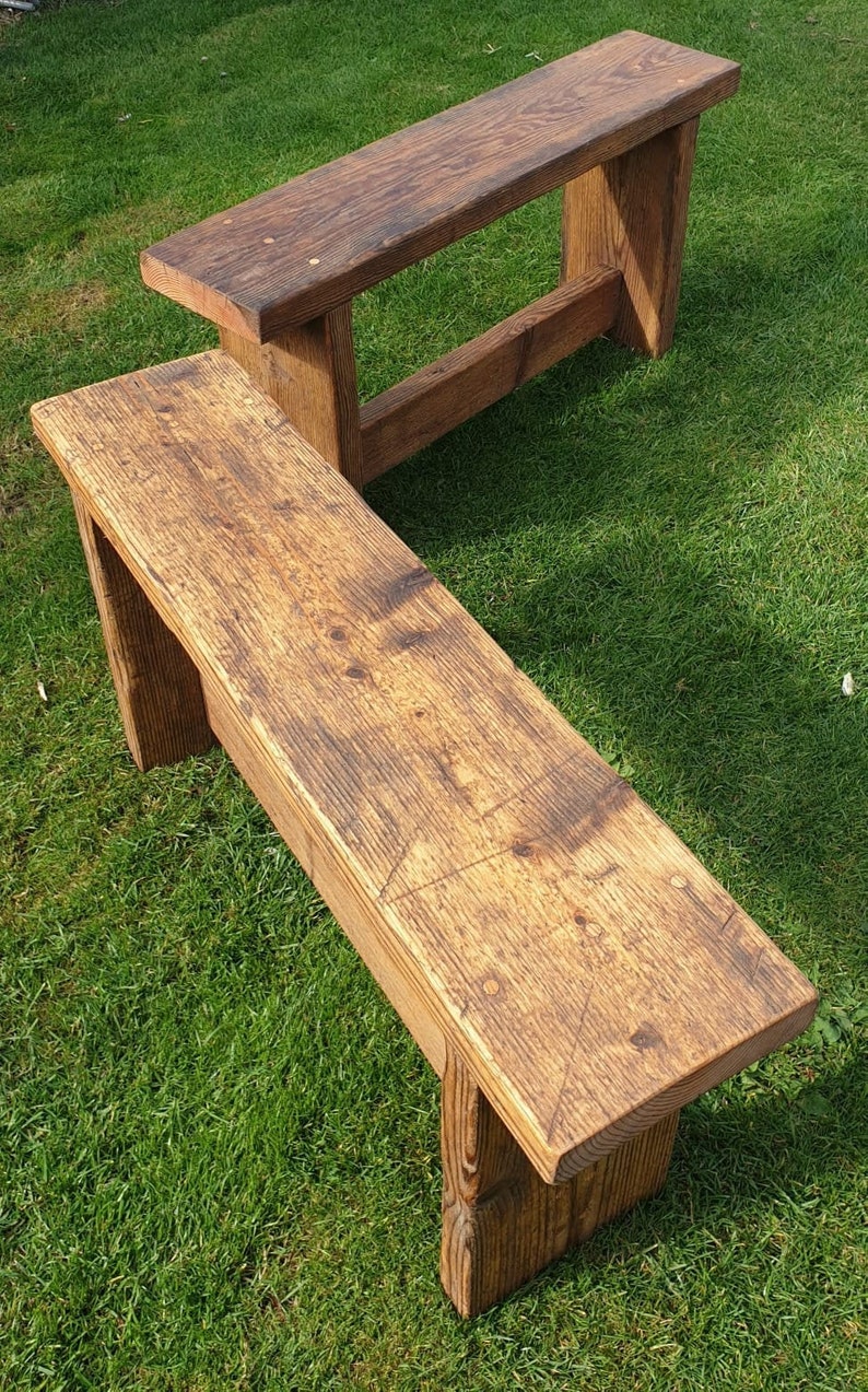 Rustic Reclaimed Scaffold Board Bench Danish Oil Front View