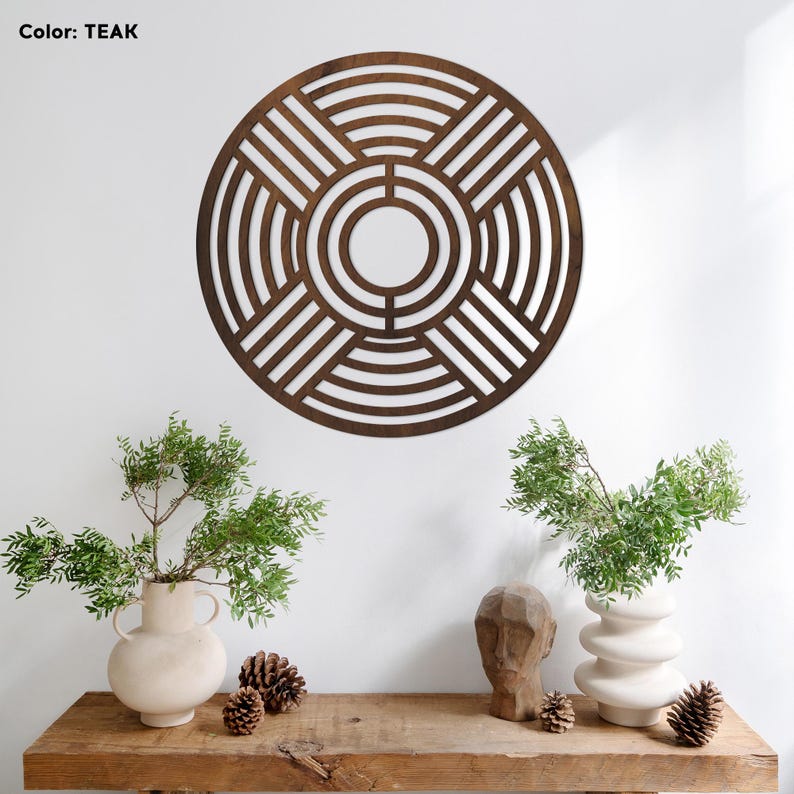 Round Geometric Wood Wall Art Natural Finish Front View