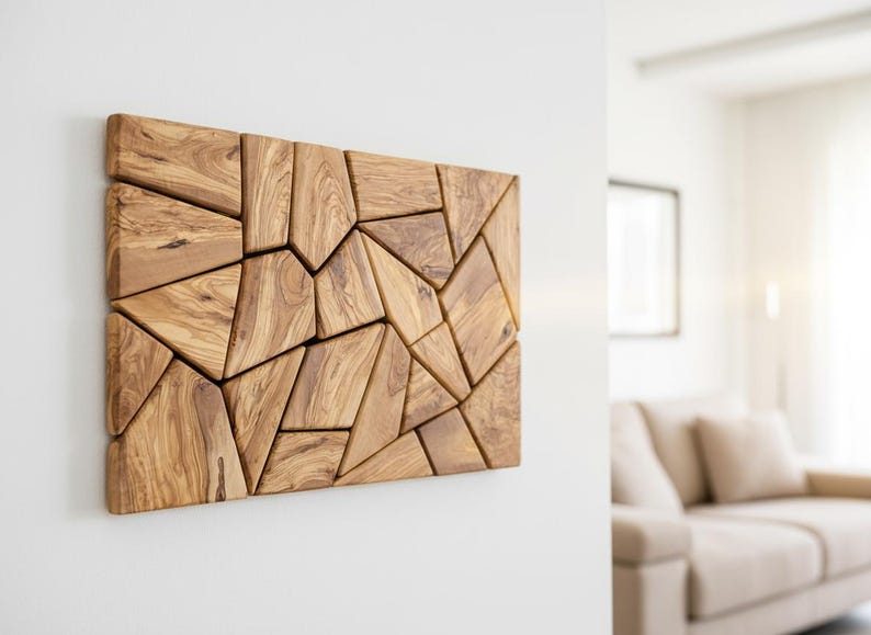 Olive Wood Mosaic Wall Art Geometric Panel Front View
